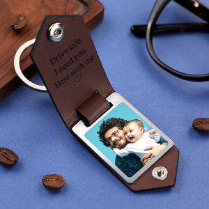 Gifts For Dad Drive Safe Keychain to My Best Dad Custom Leather Photo Text Keychain with Engraved Text