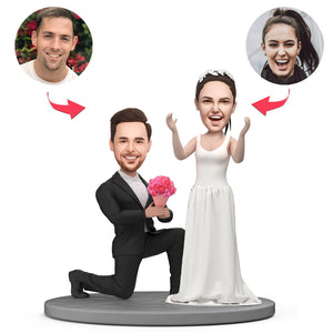Proposing Couple Holding Flowers Custom Bobblehead with Engraved Text - MadeMineAU
