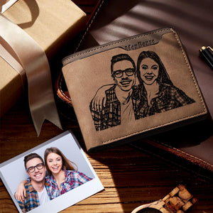 Personalised Wallet Men's Custom Photo Engraved Wallet Bifold Short Wallet Brown Gift Father’s Day Gift