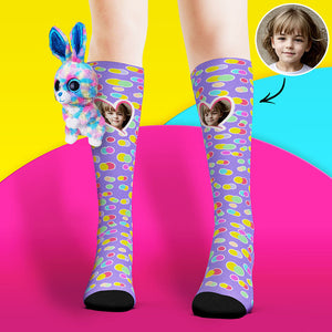 Custom Socks Knee High Face Socks Rabbit Doll Colorful Polka Dot Socks - MadeMineAU