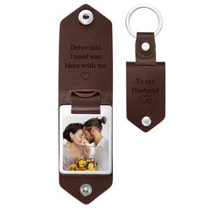 Drive Safe Personalized Leather Photo Text Keychain Anniversary Gift For Boyfriend With Engraved Text - MadeMineAU