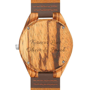Men's Engraved Wooden Photo Watch Brown Leather Strap 45mm - photowatch