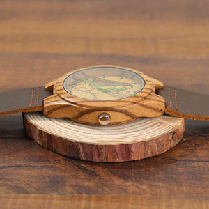 Men's Engraved Wooden Photo Watch Brown Leather Strap 45mm - photowatch