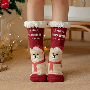 Christmas Socks Plush Coral Fleece Winter Home Floor Socks Red Slipper Socks - Scarf Bear - MadeMineAU