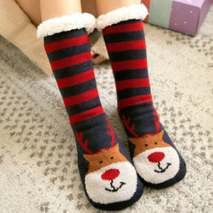 Christmas Socks Plush Coral Fleece Winter Home Floor Socks Red and Blue Slipper Socks - Elk - MadeMineAU