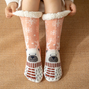 Christmas Socks Plush Coral Fleece Winter Home Floor Socks Light Pink Slipper Socks - Snow Bear - MadeMineAU