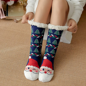 Christmas Socks Plush Coral Fleece Winter Home Floor Socks Blue Slipper Socks - Santa Claus - MadeMineAU