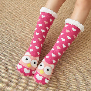 Christmas Socks Plush Coral Fleece Winter Home Floor Socks Rose Red Slipper Socks - Owl - MadeMineAU