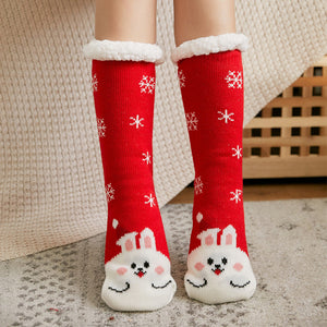 Christmas Socks Plush Coral Fleece Winter Home Floor Socks Red Slipper Socks - Rabbit - MadeMineAU
