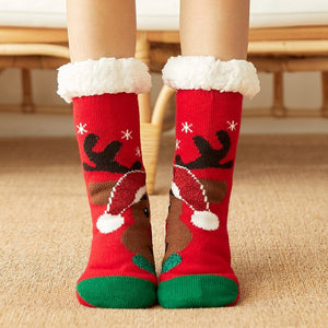 Christmas Socks Plush Coral Fleece Winter Home Floor Socks Red Slipper Socks - Deer - MadeMineAU