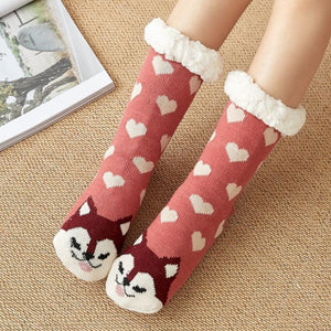 Christmas Socks Plush Coral Fleece Winter Home Floor Socks Pink Slipper Socks - Loving Puppy - MadeMineAU