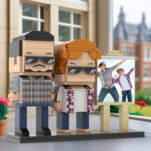 Full Body Customizable 2 People Daddy And His Son Have a Pose Towards Sun Photo Frame Personalized Custom Brick Figures Small Particle Block Toy Personalized For Father's Day - MadeMineAU