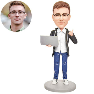 Male Software Engineer with Computer Custom Bobblehead Engraving with Text