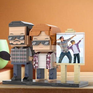 Full Body Customizable 2 People Daddy And His Son Have a Pose Towards Sun Photo Frame Personalized Custom Brick Figures Small Particle Block Toy Personalized For Father's Day - MadeMineAU