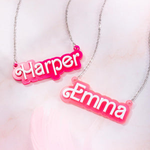 Personalized Pink and White Barbi Doll Acrylic Necklace with Name Birthday Valentine's Day Gift for Her - MadeMineAU