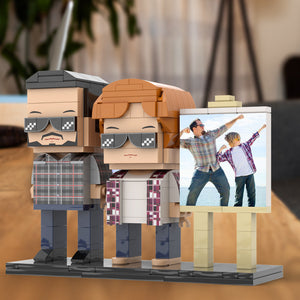 Full Body Customizable 2 People Daddy And His Son Have a Pose Towards Sun Photo Frame Personalized Custom Brick Figures Small Particle Block Toy Personalized For Father's Day - MadeMineAU