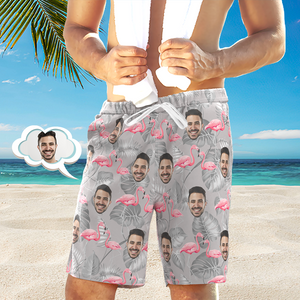 Custom Face Beach Short Personalised Photo Casual Resort Flamingo Print Swim Trunks Vacation Party Gift - MadeMineAU