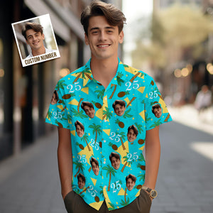 Custom Multi-color Face and Numbers Hawaiian Shirt Coconut Tree and Pineapple Gift for Men