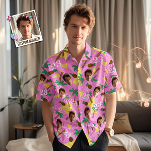 Custom Multi-color Face and Numbers Hawaiian Shirt Coconut Tree and Pineapple Gift for Men