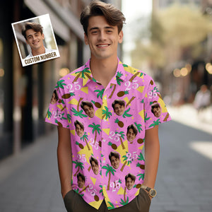 Custom Multi-color Face and Numbers Hawaiian Shirt Coconut Tree and Pineapple Gift for Men