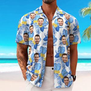 Custom Hawaiian Shirt for Men Personalised Short Sleeves Shirt with Picture Face Photo Printed Hawaii Shirt Blue Flower