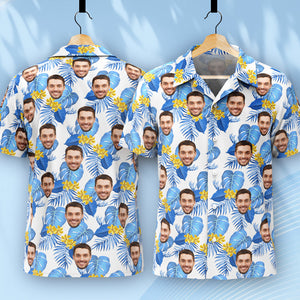 Custom Hawaiian Shirt for Men Personalised Short Sleeves Shirt with Picture Face Photo Printed Hawaii Shirt Blue Flower