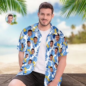 Custom Hawaiian Shirt for Men Personalised Short Sleeves Shirt with Picture Face Photo Printed Hawaii Shirt Blue Flower