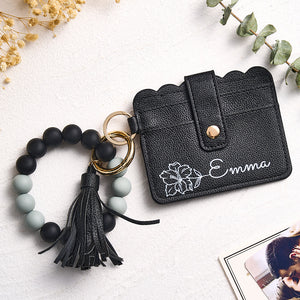 Personalized Birth Flower Leather Wallet with Beaded Bracelet Wallet Gift for Her - MadeMineAU