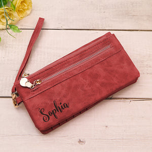 Personalized Leather Wallet with Wristlet Custom Text Wallet Birthday Bridesmaid Gift for Her - MadeMineAU