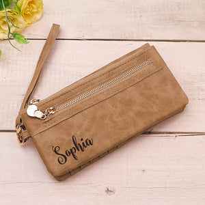 Personalized Leather Wallet with Wristlet Custom Text Wallet Birthday Bridesmaid Gift for Her - MadeMineAU