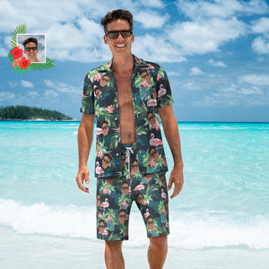 Custom Face Hawaiian Shirt And Beach Shorts Personalised Men's Photo Flamingo Flower Vacation Party Gift