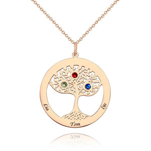 Family Tree Necklace with Birthstone, Engraved Necklace Family Gift Rose Gold Plated - Silver - MadeMineAU