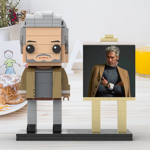 Full Body Customizable 1 Person Cool Grey Hair Daddy In Brown Jacket Custom Brick with Frame Figures Small Particle Block Toy Brick Me Figures For Father's Day - MadeMineAU