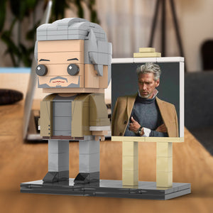 Full Body Customizable 1 Person Cool Grey Hair Daddy In Brown Jacket Custom Brick with Frame Figures Small Particle Block Toy Brick Me Figures For Father's Day - MadeMineAU