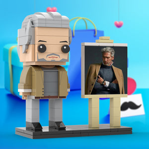 Full Body Customizable 1 Person Cool Grey Hair Daddy In Brown Jacket Custom Brick with Frame Figures Small Particle Block Toy Brick Me Figures For Father's Day - MadeMineAU