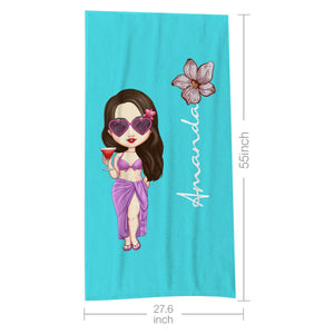 Custom Cartoon Women Girl Birth Flower Multicolor Beach Towel Personalized Name Vacation Beach Towel Gift for Friend - MadeMineAU