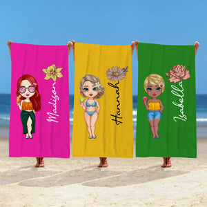 Custom Cartoon Women Girl Birth Flower Multicolor Beach Towel Personalized Name Vacation Beach Towel Gift for Friend - MadeMineAU