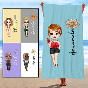 Custom Cartoon Women Girl Birth Flower Multicolor Beach Towel Personalized Name Vacation Beach Towel Gift for Friend - MadeMineAU