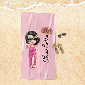 Custom Cartoon Women Girl Birth Flower Multicolor Beach Towel Personalized Name Vacation Beach Towel Gift for Friend - MadeMineAU