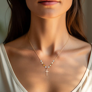 Personalized Cross with Tiny birthstone necklace - Family tree necklace - MadeMineAU