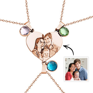Personalized Photo Three Heart Puzzle Necklace With Birthstone Pendant Jewelry Gifts For Family - soufeelus