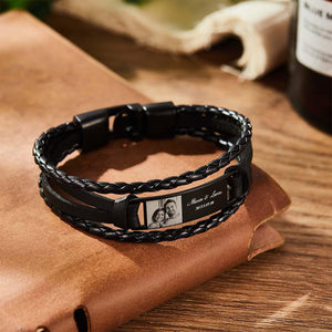 Custom Men's Bracelet Photo Leather Engraved Name and Date Men's Bracelet Best Valentine's Day Gifts for Him