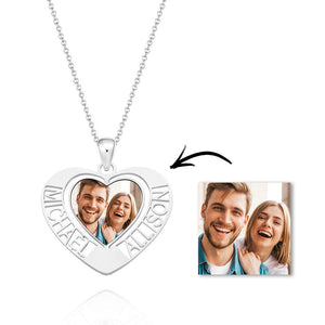 Custom Photo Engraved Necklaces Heart Photo Pendant with Two Hollow Lettering