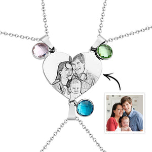 Personalized Photo Three Heart Puzzle Necklace With Birthstone Pendant Jewelry Gifts For Family - soufeelus
