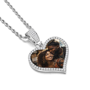 Custom Made Photo Heart Necklace with Hip Hop Pendant Round Necklace Iced out Cubic Zirconia Jewelry Gift for Him or Her