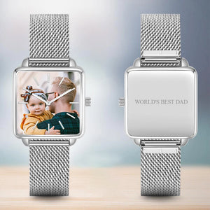 Custom Watch Engraved Photo Watch - Silver Square Case Watch Gifts For Dad