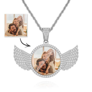 Custom Photo Necklace with Wings Medallions Necklace Iced Out Large Custom Picture Pendant Golden - MadeMineAU