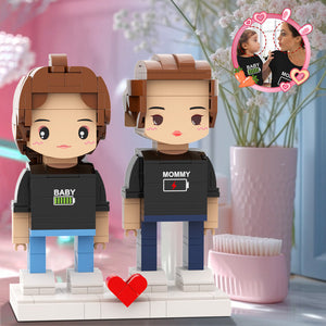 Mother's Day Gift Matching Shirt Battery Low Personalized Head 2 People Custom Brick Figures For Mommy - MadeMineAU