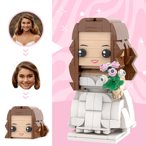 Classic Angelic White Wedding Dress With A bouquet For Wife Custom Head Brick Figures Personalized Brick Figures Small Particle Block Wedding Anniversary Bride Gift For The Girl You Love - MadeMineAU