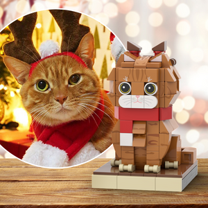 Christmas Cat With Scarf And Reindeer Accessories Fully Body Customizable 1 Cat LIMITED EDITION WITH CHRISTMAS ACCESSORIES Personalized X-Mas Cat Photo CustomBrick Figures Small Particle Block Customized Cat Only - MadeMineAU